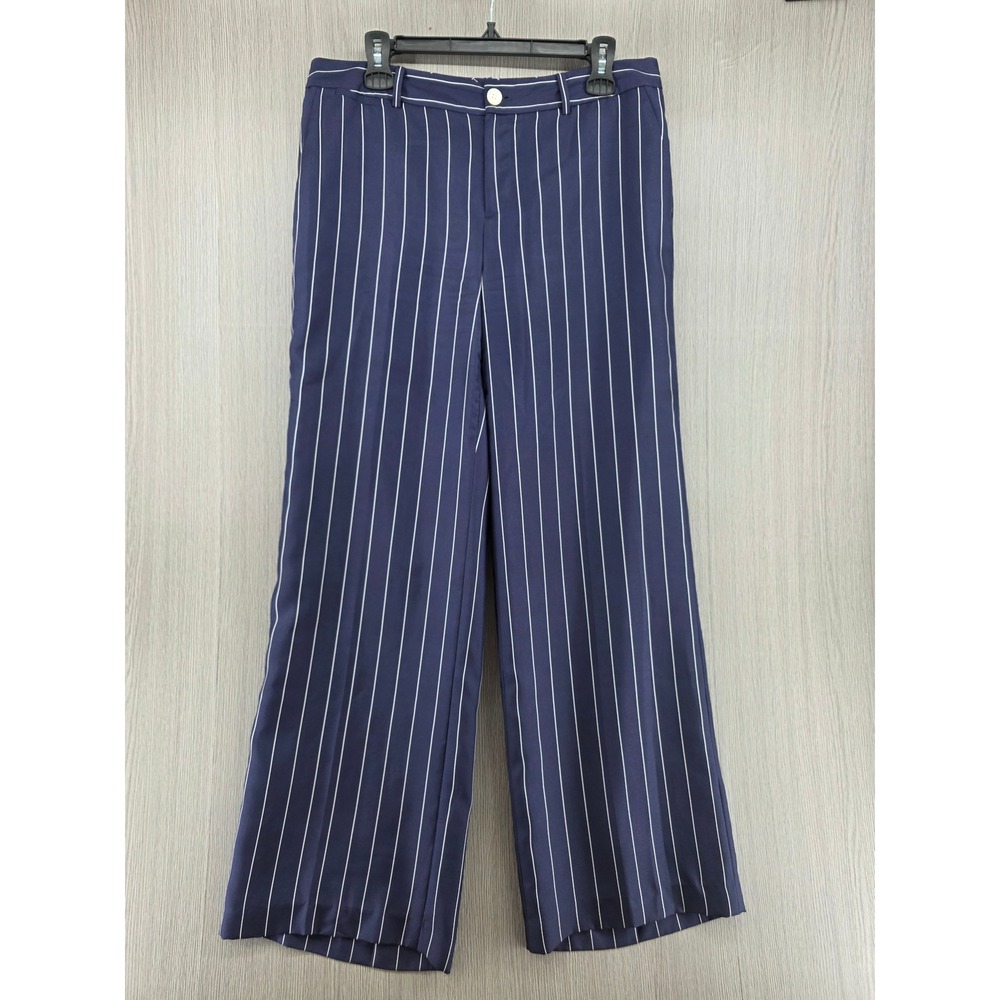 Lauren Ralph Lauren Silk Wide Leg Mid Rise Pinstripe Blue Pants Womens 10 Petite